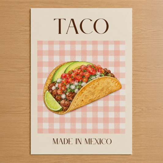 Retro taco tasarımlı duvar tablosu, pembe kareli arka plan ve 'Made in Mexico' yazısıyla.