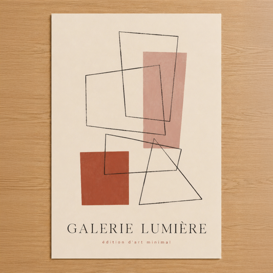 Soyut minimal tasarımla geometrik şekillerin ve terracotta tonlarının çakıştığı Galerie Lumière poster sanatı.