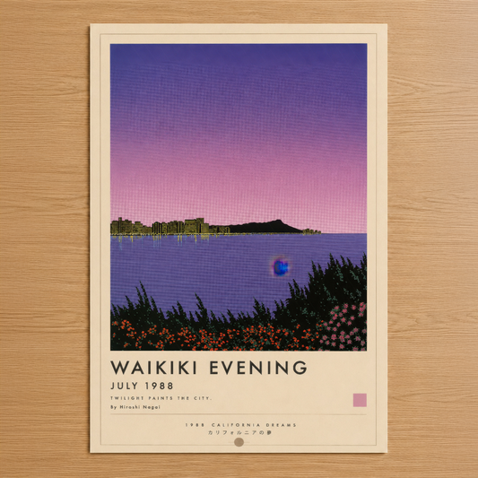 Waikiki Evening tablosu, mor ve pembe gradyan gökyüzü, deniz manzarası ve turuncu çiçek detaylarıyla minimalist sanat