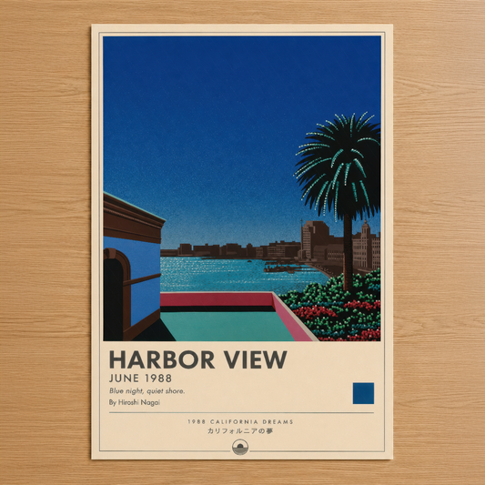 Harbor View 1988 sanat baskısı, turkuaz lagün ve palmiye ağacı manzarası ile retro California stilinde poster.