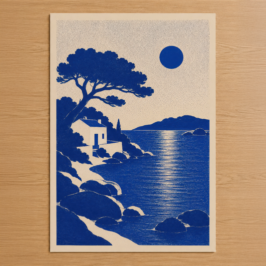 Koyu mavi renklerdeki sakin Akdeniz sahili tasarımı, ağaç, küçük ev ve parlak deniz manzarası içeren minimalist poster.