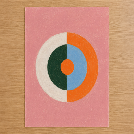 Geometrik tasarımlı modern sanat tablosu, pembe arka fonda renkli daire motifi ile minimal estetik