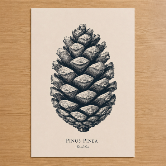 Pinus Pinea botanik tablosu, klasik mürekkep çizimle çam kozalağının detaylı yapısını gösteren şık tasarım.