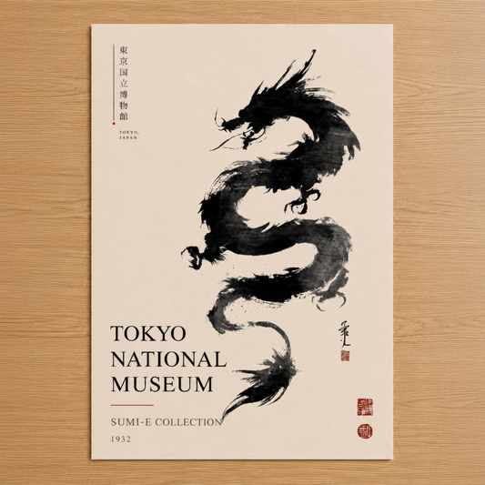 Tokyo National Museum Sumi-E koleksiyonundan, 1932'den klasik siyah ejderha motifi içeren müze posteri.
