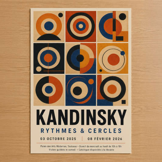 Kandinsky'nin ikonik Ritmler ve Çemberler tasarımı, turuncu, mavi ve siyah geometrik formlarla soyut sanat tablosu.