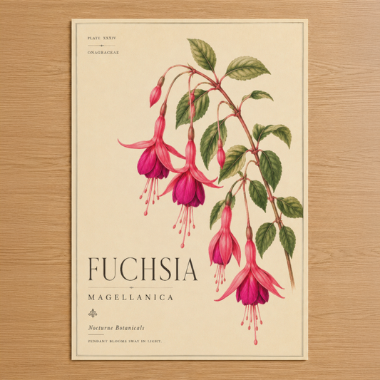 Fuchsia Magellanica botanik tablosu, vintage bilimsel illüstrasyon tarzında, parlak fuşya çiçekler ve yeşil yapraklarla.