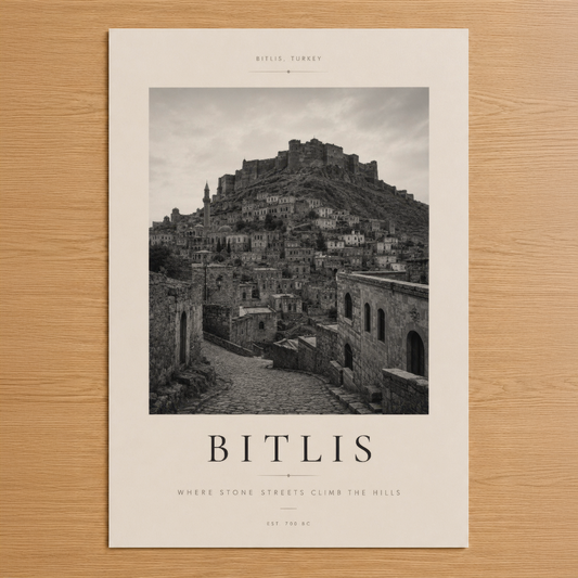 Bitlis'in taş sokakları ve kale silueti siyah-beyaz sanat tablosu, zarif tipografi ve retro tasarımla.