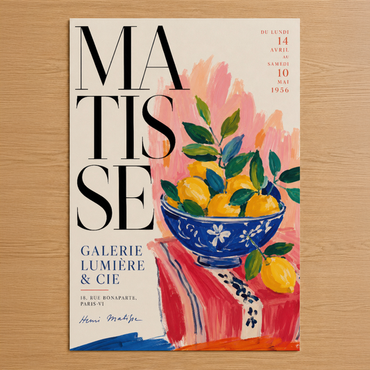1956 Matisse sergisi afişi, mavi seramik kasede sarı limonlar ve pembe çiçekler motifiyle sanat deco tablo.