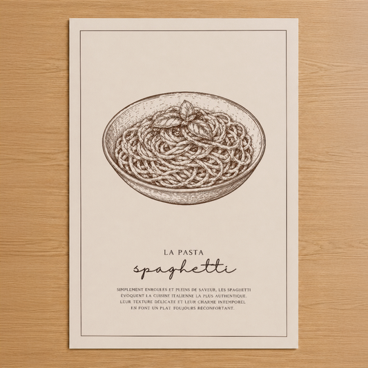 Klasik çizim stiliyle hazırlanmış spaghetti tablosu, İtalyan mutfak sanatı temalı duvar posteri.