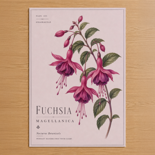 Fuchsia Magellanica botanik tablosu, zarif pembe çiçekleri ve yeşil yapraklarıyla klasik naturalist sanat tarzında.
