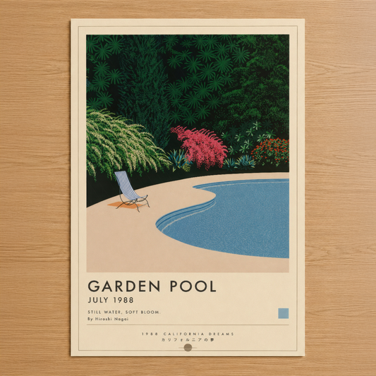 Hiroshi Nagai imzalı Garden Pool tablosu, 1988 yılı, vintage stil poster baskı, sakin havuzun yanında şezlong ve renkli bahçe