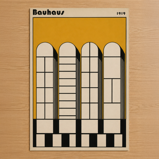 1919 Bauhaus mimarı pencereleri tema alan, sarı arka fonda siyah çizgili dört kemeri olan geometrik tasarım tablosu.