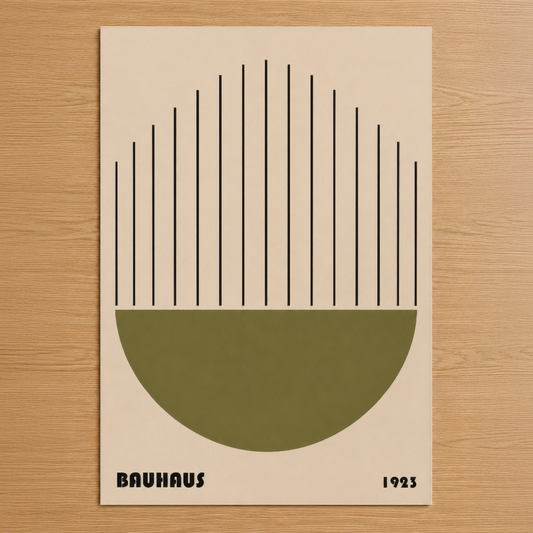 Bauhaus tarzı soyut tasarım, geometrik yeşil yarım daire ve siyah çizgilerle beige arkaplan.