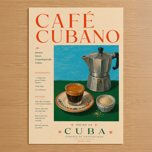 Café Cubano tarifi ve malzemelerine ait vintage tarzda tasarlanmış duvar posteri, canlı renk ve retro estetik.