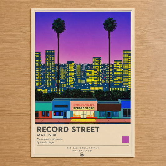 1988 Los Angeles'ının neon ruhunu yakalayan Record Street posteri, pembe gökyüzü altında parlayan şehir manzarası ve renkli