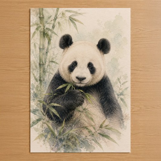 Yumuşak suluboya tarzında, bamboo yapraklarının arasında nazik bakışlı panda portresi