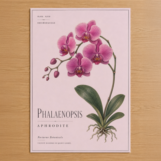 Phalaenopsis Aphrodite botanik tablosu, pembe orkideler ve yeşil yapraklarıyla zarif bir baskı tasarımı.