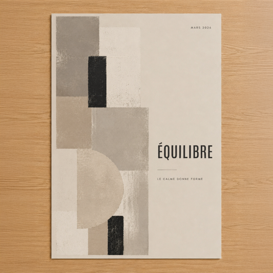 Soyut geometrik tasarım, nötr tonlarda dikdörtgen ve daire formları ile minimalist dengeyi yansıtan Equilibre posteri.