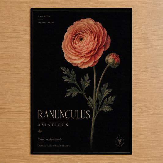 Siyah zemin üzerinde soluk pembe renkleriyle açan Ranunculus asiaticus çiçeğini gösteren botanik tarzı duvar tablosu.