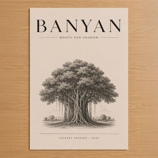 Banyan Roots and Shadow adlı ince çizim tarzında antika ağaç tasarımı, minimalist krem fon üzerinde sakin ve zarif atmosfer