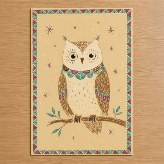 Boho tarzı baykuş tasarımı, etnik desenleriyle ve yıldız motifiyle ılık bir sarı tonunda dekoratif duvar tablosu.