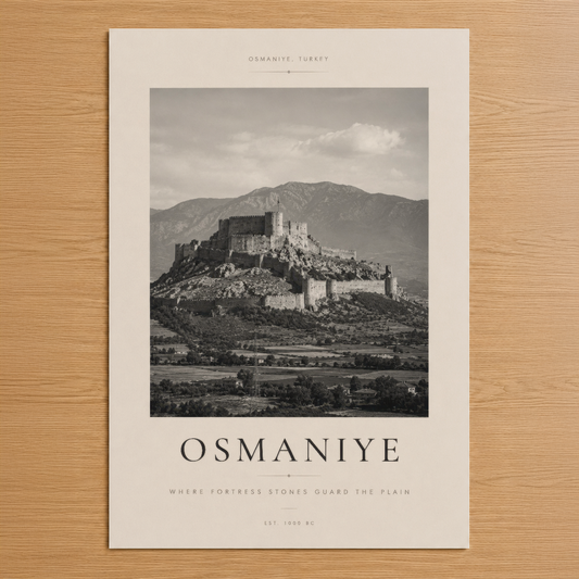 Osmanlı çağının ikonlaştırdığı Gaziantep Kalesi'nin siyah beyaz sanatsal portresi, vintage stil posterinde yer alıyor.