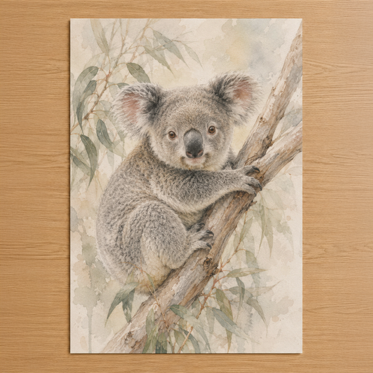 Koala'nın hassas detaylarını gösteren, dallı öğe ve pastel tonlu doğa temalı suluboya poster.