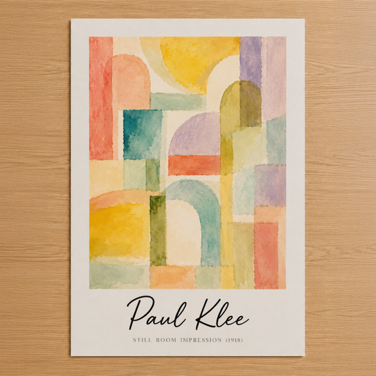 Paul Klee Hala Oda İzlenimi soyut sanat tablosu, canlı su rengili mimarilerin uyumlu geometrik tasarımı