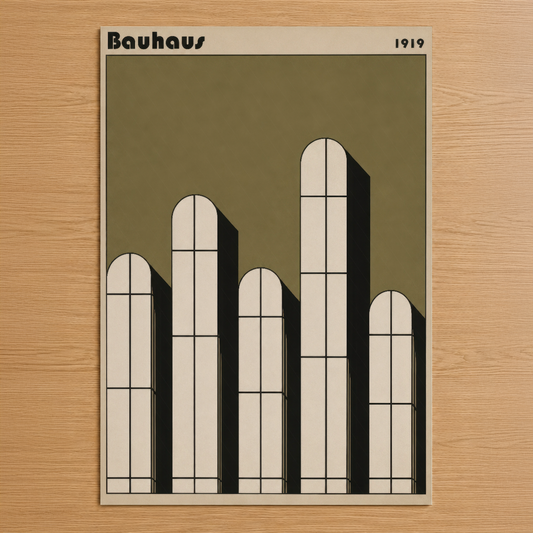 Bauhaus 1919 tasarımı, geometrik pencereli kuleler ve toprak renkli minimal mimari poster