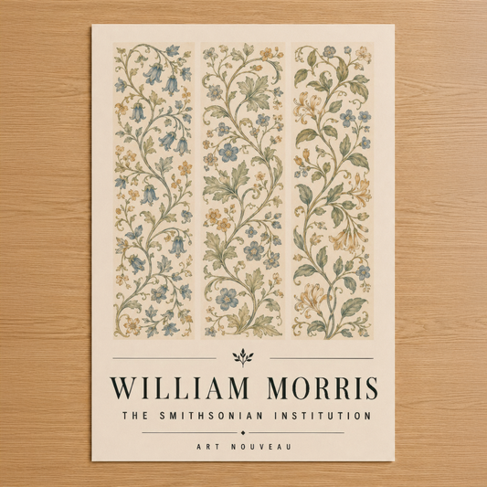 William Morris tasarımı, Art Nouveau stilinde üç şeritli botanik motifli duvar tablosu.