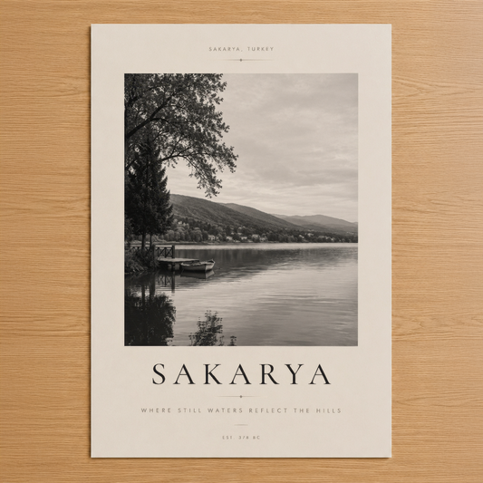 Sakarya poster, Türkiye'nin doğal güzelliğini siyah beyaz fotoğrafla sunan minimalist tasarım.