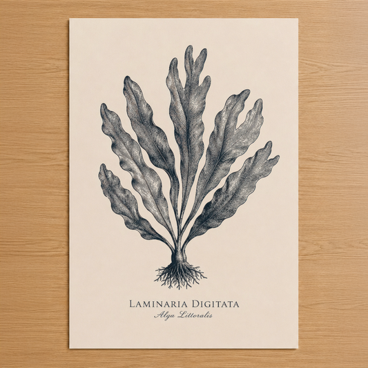 Laminaria Digitata botanik tablosu, siyah mürekkep tekniğiyle çizilmiş deniz yosunu tasarımı, krem rengi arka plan.
