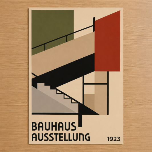 Bauhaus Ausstellung 1923 tasarımı, geometrik şekiller ve canlı renklerle oluşturulan retro poster tasarımı.