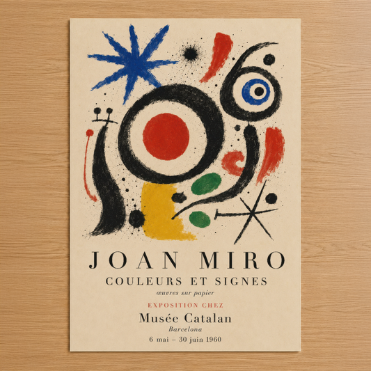 Joan Miró'nun 1960 sergi afişi, canlı mavi, kırmızı ve sarı geometrik şekillerle dolu sürreal sanat tablosu.