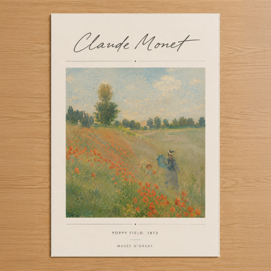 Monet'nin ikonik Gelincik Tarlası tablosu, kızıl çiçeklerin dalgalandığı sakin bir kır manzarası.