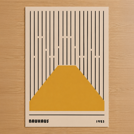 Bauhaus tarzı soyut poster, sarı geometrik dağ formu ve dikey çizgilerle minimalist tasarım.
