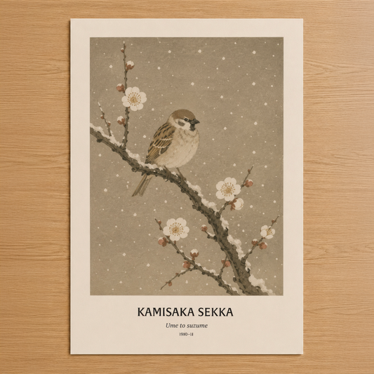 Kamisaka Sekka'nın klasik Japon sanat eserinden ilham alan, karla kaplı dalda kuş ve çiçek motifli zarif poster.