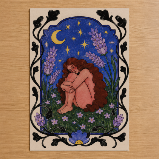 Gece bahçesinde meditasyon yapan kadın figürü, ay ve yıldızlarla dolu mavi gökyüzü, lila çiçekler ve siyah dekoratif çerçeve