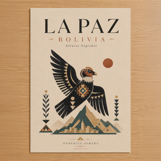 La Paz Bolivia temalı sanat posterinde stilize kartallı dağ manzarası ve etnik geometrik motifler.