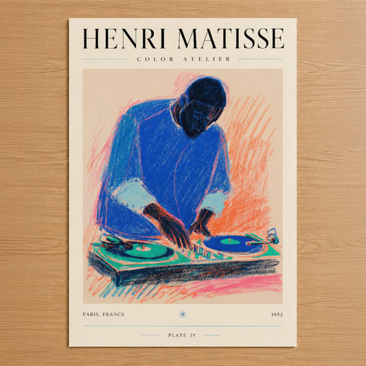 Matisse imzalı DJ portresi, canlı mavi, mercan ve yeşil renklerle sanat atölyesi posterinin sanat baskısı.