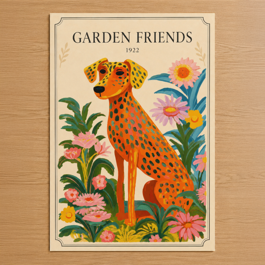 Vintage stilinde Garden Friends posteri, 1922 tasarımı, renkli çiçekler arasında oturan benekli turuncu köpek.
