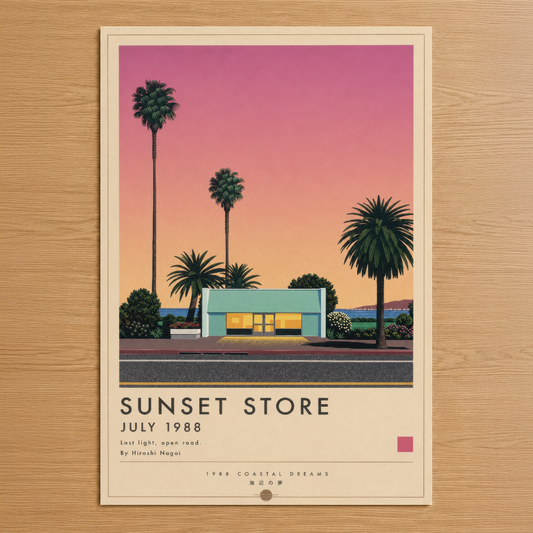 Retro tarzda pembe-turuncu gökyüzü altında palmiye ağaçları ve neon yeşil mağaza binası olan Sunset Store posteri.