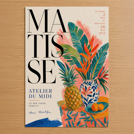 Matisse tarzı renkli çiçek ve ananas motifleriyle 1952 Paris sergisi afişi tasarımı.