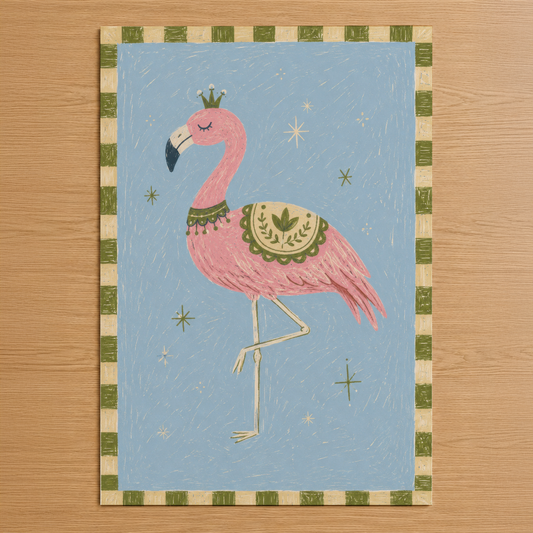 Taç ve yeşil dekoratif örtüsü olan pembe flamingo, mavi arka planda altın yıldızlarla süslenmiş kabarık tüyler.