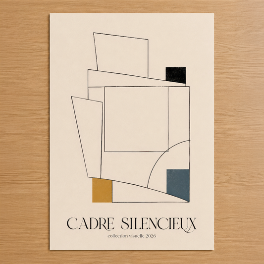 Cadre Silencieux koleksiyonu çalışması, soyut geometrik formlarla tasarlanmış minimalist poster.
