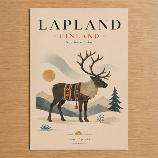 Lapland Finland tablosu, etnik desenli giysi giymiş siyah geyiği ve kuzey ışıkları atmosferini sakin bir tasarımla sunuyor.