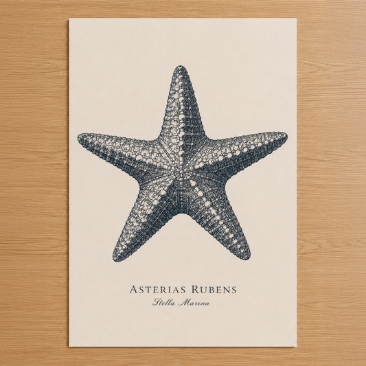 Asterias Rubens deniz yıldızı tasarımlı minimalist poster, krem rengi zemin üzerinde detaylı çizim.