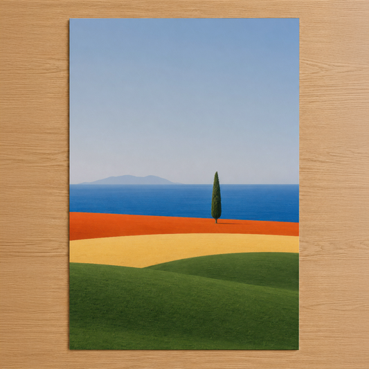 Minimalist manzara tablosu, yeşil tarlalar, sarı buğday, mavi deniz ve yalnız selvi ağacı motifleriyle tasarlanmış.