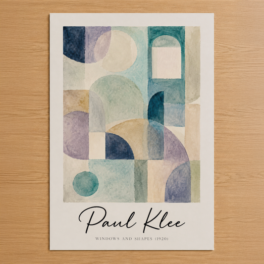 Paul Klee'nin 1920 tarihli Pencereler ve Şekiller eserinin sanat baskısı, geometrik formlar ve yumuşak renk paletinin