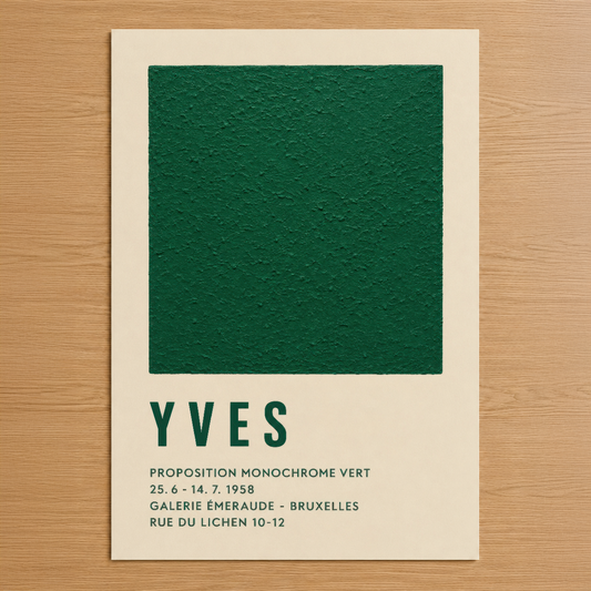 1958 Paris sergisi afişi tarzında, koyu yeşil monokrom kare ve retro tipografiyle tasarlanmış minimal sanat tablosu.